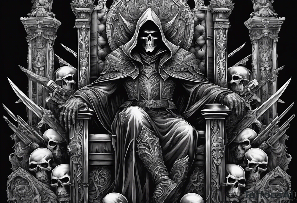 The grim reaper on a large throne of skulls .

Holding guns .


Next to the throne is a cerebus

Powerful demon commander faces a powerful angel commander in the centre of the tattoo idea