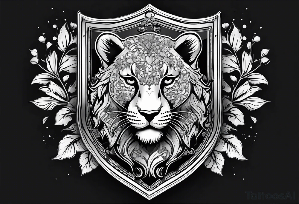 A shield with small leopar head as shield's emblem. The shield would be hang on a ivy planted wall tattoo idea