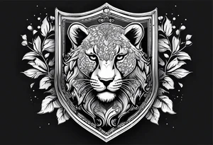 A shield with small leopar head as shield's emblem. The shield would be hang on a ivy planted wall tattoo idea