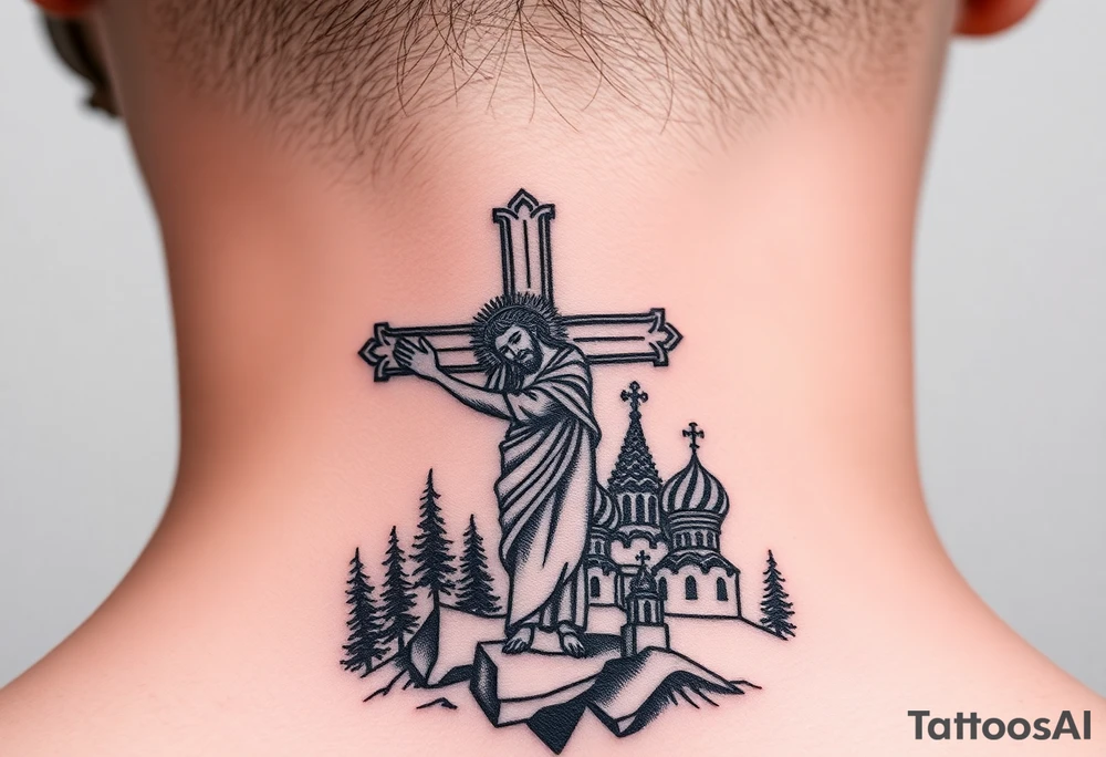 Traditional orthodox ICXC Christian cross with an orthodox portrait Jesus Christ on the cross in a wilderness Russian Kremlin setting tattoo idea
