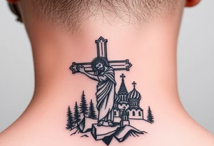 Traditional orthodox ICXC Christian cross with an orthodox portrait Jesus Christ on the cross in a wilderness Russian Kremlin setting tattoo idea