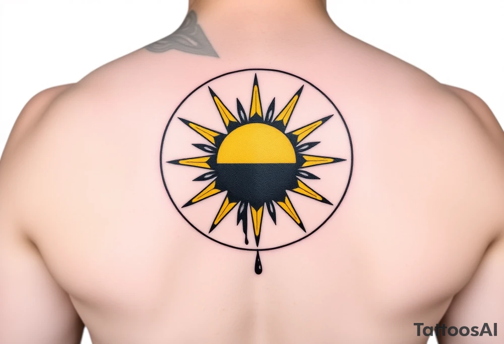 Donbass flag in a circle, colours black and yellow sun. Sun is bleading with blood. 5 cm diameter. Локація: ліва верхня частина грудей, ближче до серця tattoo idea