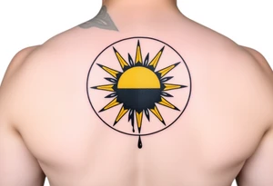 Donbass flag in a circle, colours black and yellow sun. Sun is bleading with blood. 5 cm diameter. Локація: ліва верхня частина грудей, ближче до серця tattoo idea
