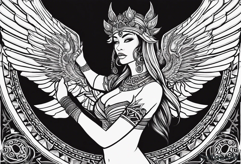 left side chest looking right, kali, alien goddess, valkrye, zenza, lotus, wing, pachamama, tattoo idea