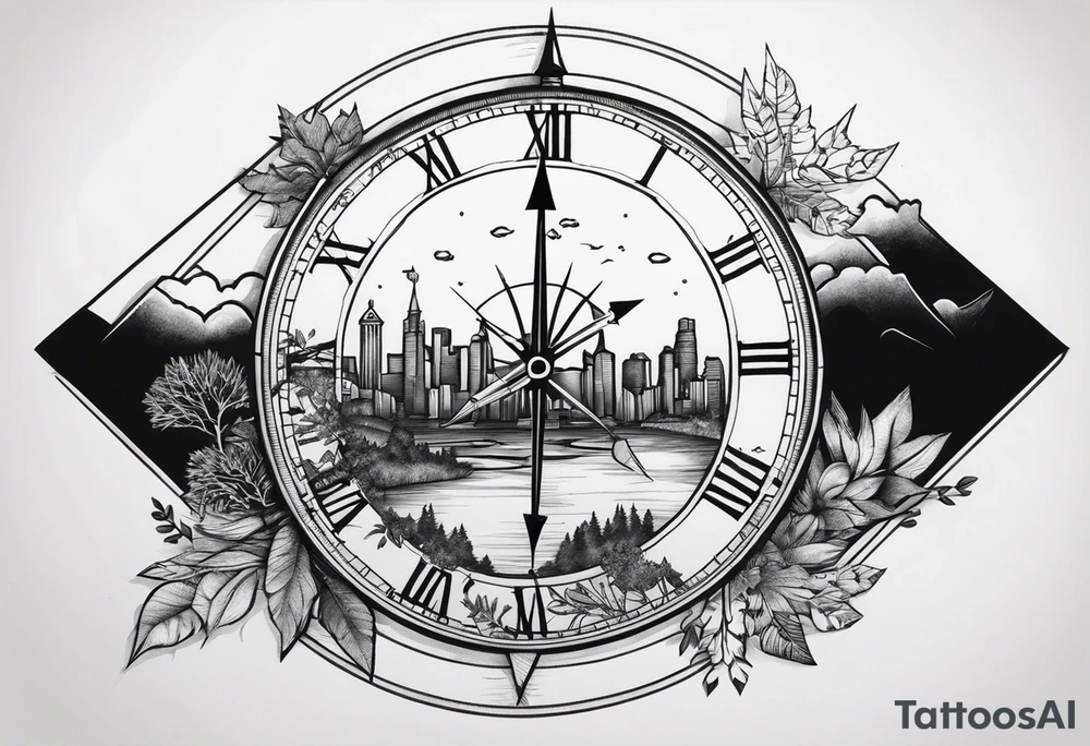 half compass half clock with arrow in the middle; nature on one side, cityscape on one side tattoo idea