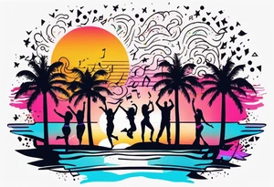 1980's miami vice style beach dance 
party, include confetti, music notes, boom box, SILHOUETTE bikinis sunset in the center tattoo idea