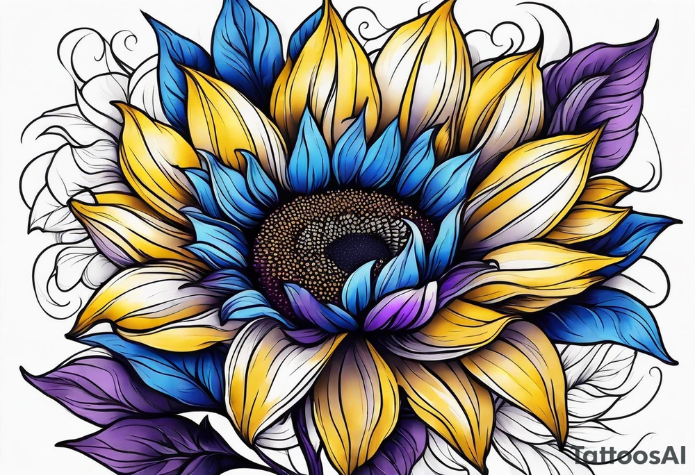 Blue yellow and purple sunflowers arm sleeve tattoo idea
