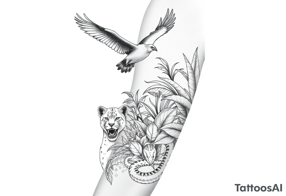 Fine line tattoo: Andean condor flying above Amazon rainforest, amongst the tropical foliage is a puma hiding with only its face exposed, towards the floor of the rainforest is a snake, also mostly hidden behind plants but its head and parts of its body are exposed. tattoo idea