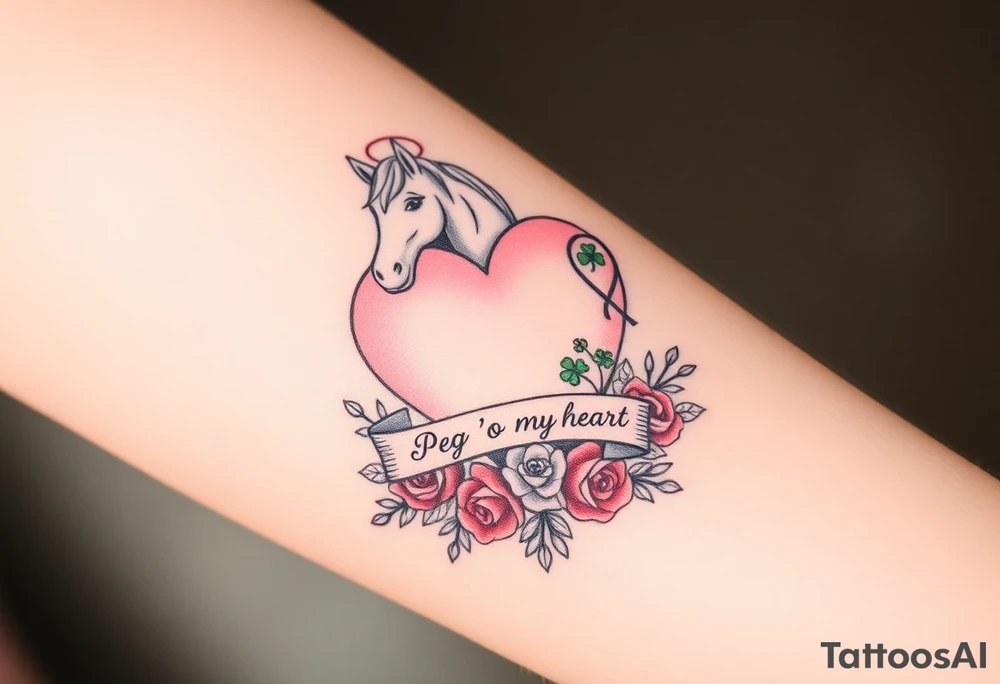 a big pale pink heart and a mare with wings and a halo and a colt with a bunch of green shamrocks, and red roses with a banner across the heart that says Peg 'o My Heart tattoo idea