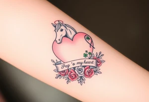a big pale pink heart and a mare with wings and a halo and a colt with a bunch of green shamrocks, and red roses with a banner across the heart that says Peg 'o My Heart tattoo idea