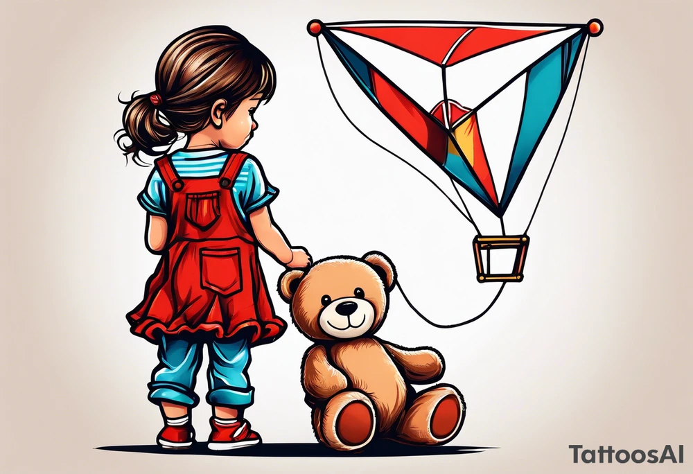 back image of a little girl in a dress, holding a kite , a teddy bear in overalls, standing beside her tattoo idea