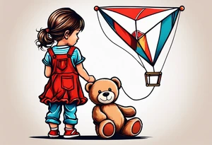 back image of a little girl in a dress, holding a kite , a teddy bear in overalls, standing beside her tattoo idea