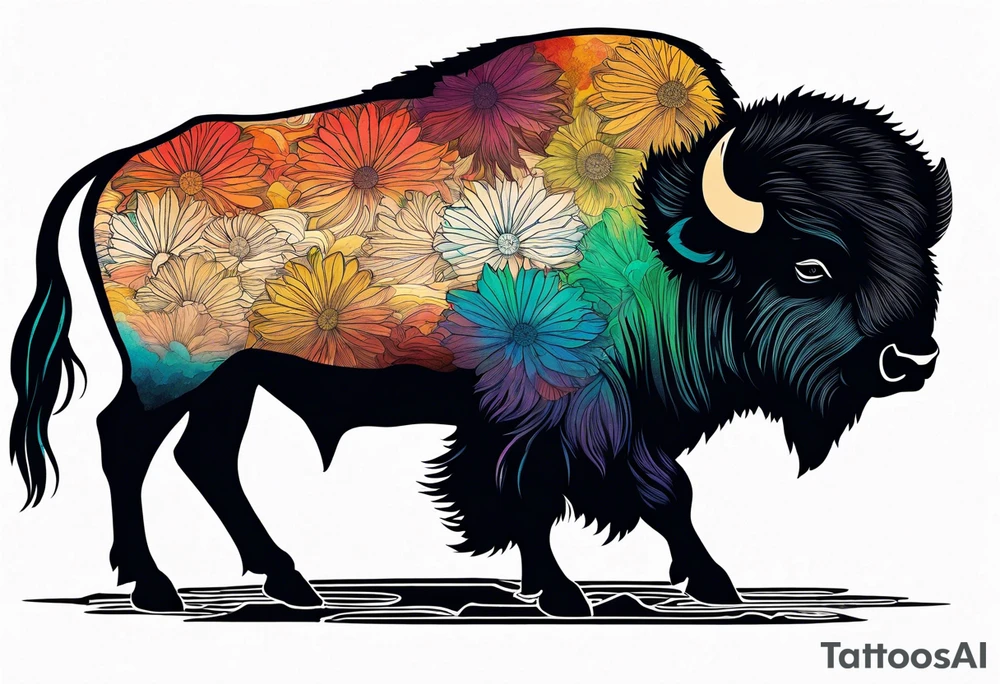 bison silhouette with grand prismatic spring colors tattoo idea