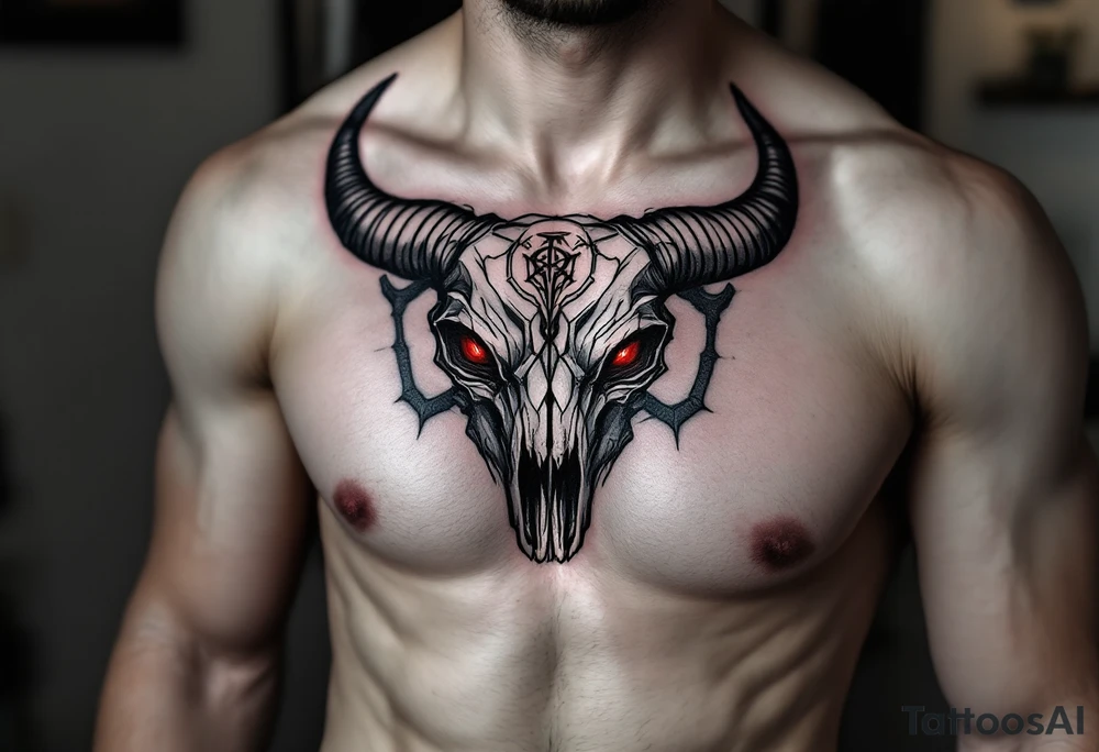 Abstract looking angry taurus skull chest tattoo with red eyes, taurus symbol in between eyes tattoo idea