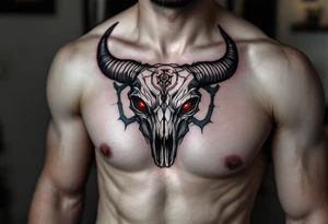 Abstract looking angry taurus skull chest tattoo with red eyes, taurus symbol in between eyes tattoo idea