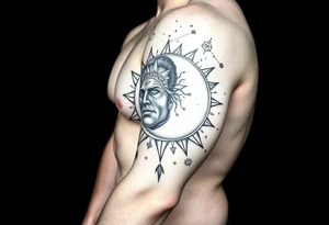 celestial sun and moon embrace with constellation patterns tattoo idea