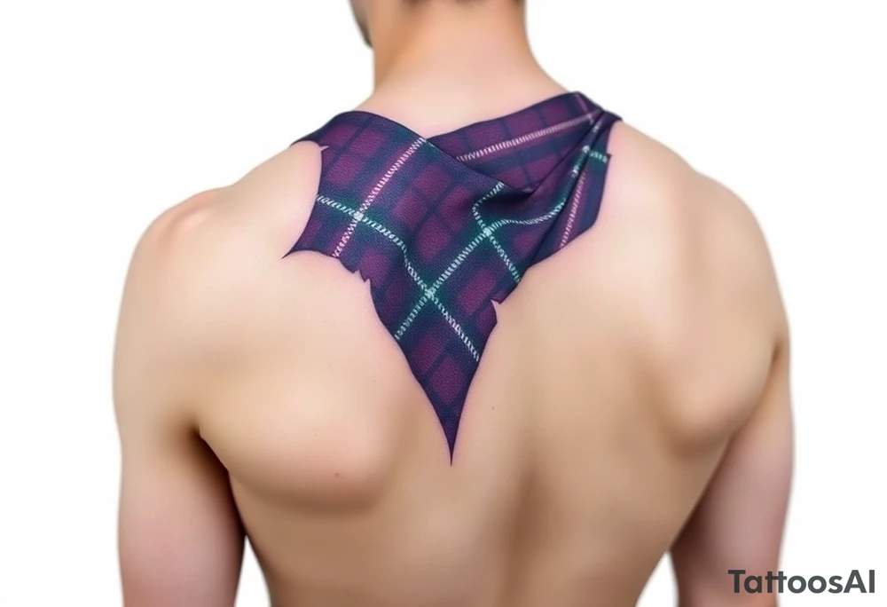 Dark Purple with green pink blue and white highlights tartan fabric with flesh peeling away at edges wrapping around shoulder tattoo idea