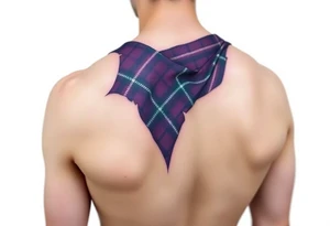 Dark Purple with green pink blue and white highlights tartan fabric with flesh peeling away at edges wrapping around shoulder tattoo idea