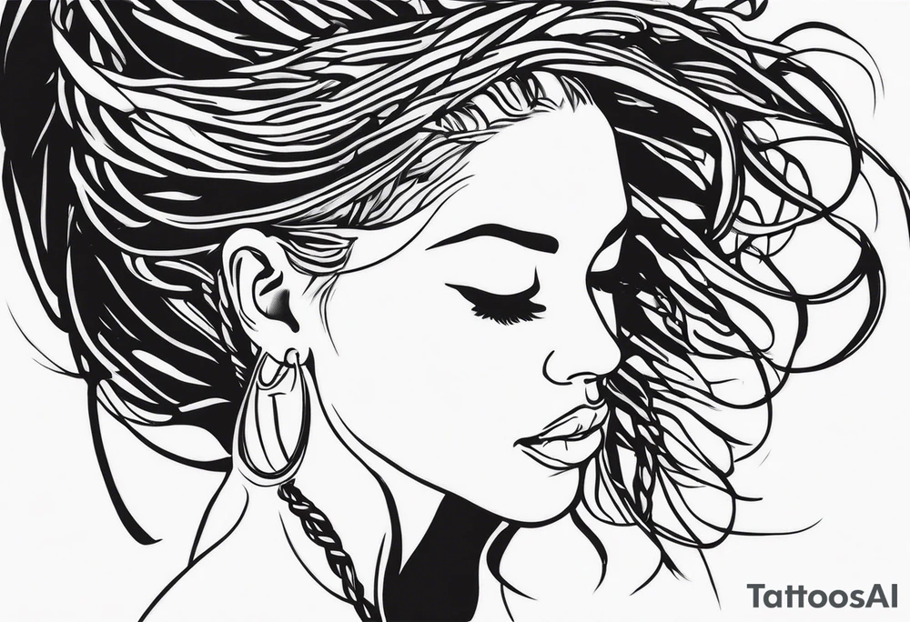 Draw a women head with real dread locks flying in the air tattoo idea