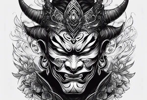 A cabeça de um homem com a cabeça raspada usando uma máscara de hannya tattoo idea