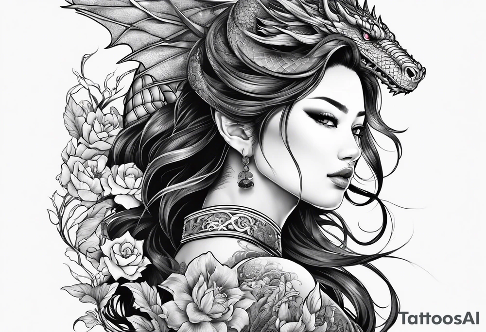 large warrior nymph with dragon tattoo idea