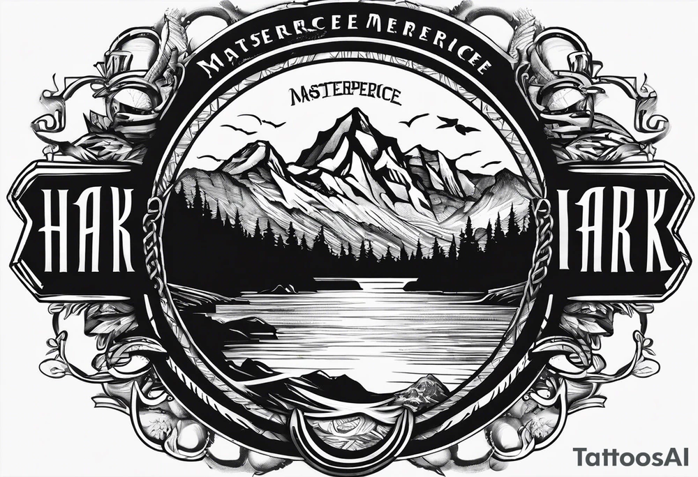 The word "HARK" as a banner with a mountain, a carabiner, compass, and a lake in a circular design tattoo idea