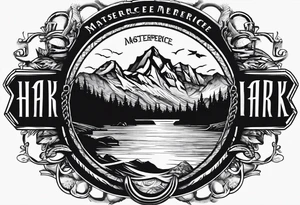 The word "HARK" as a banner with a mountain, a carabiner, compass, and a lake in a circular design tattoo idea