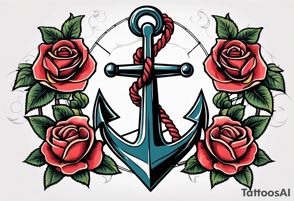 old school anchor sitting at an angle 
with rope 
and banner across anchor and old school roses tattoo idea