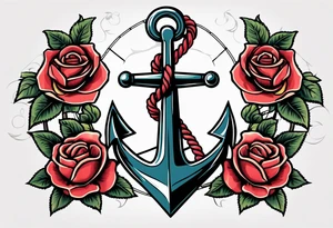 old school anchor sitting at an angle 
with rope 
and banner across anchor and old school roses tattoo idea