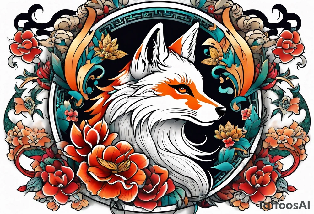 Kitsune rota en llamas tattoo idea