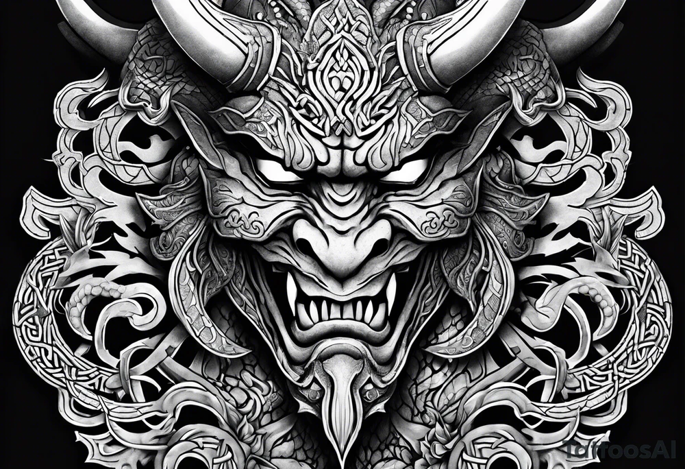 oni mask wrapped in a dragon above a full body side profile Celtic warrior tattoo idea