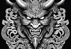 oni mask wrapped in a dragon above a full body side profile Celtic warrior tattoo idea
