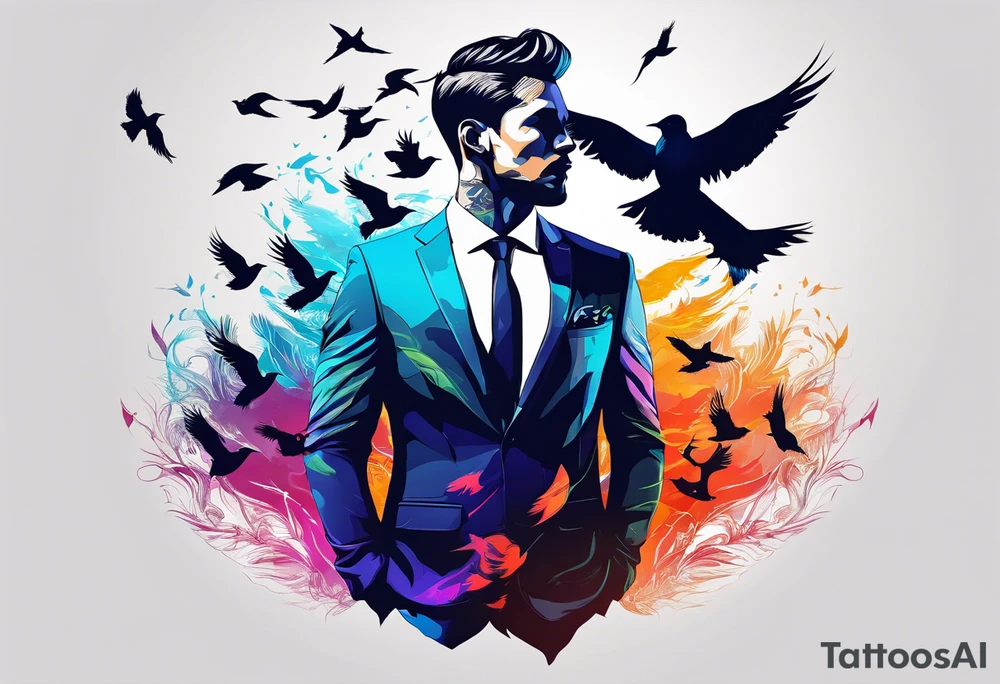 silhouette of a man wearing a suit morphing into a flock of birds tattoo idea