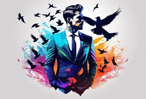 silhouette of a man wearing a suit morphing into a flock of birds tattoo idea