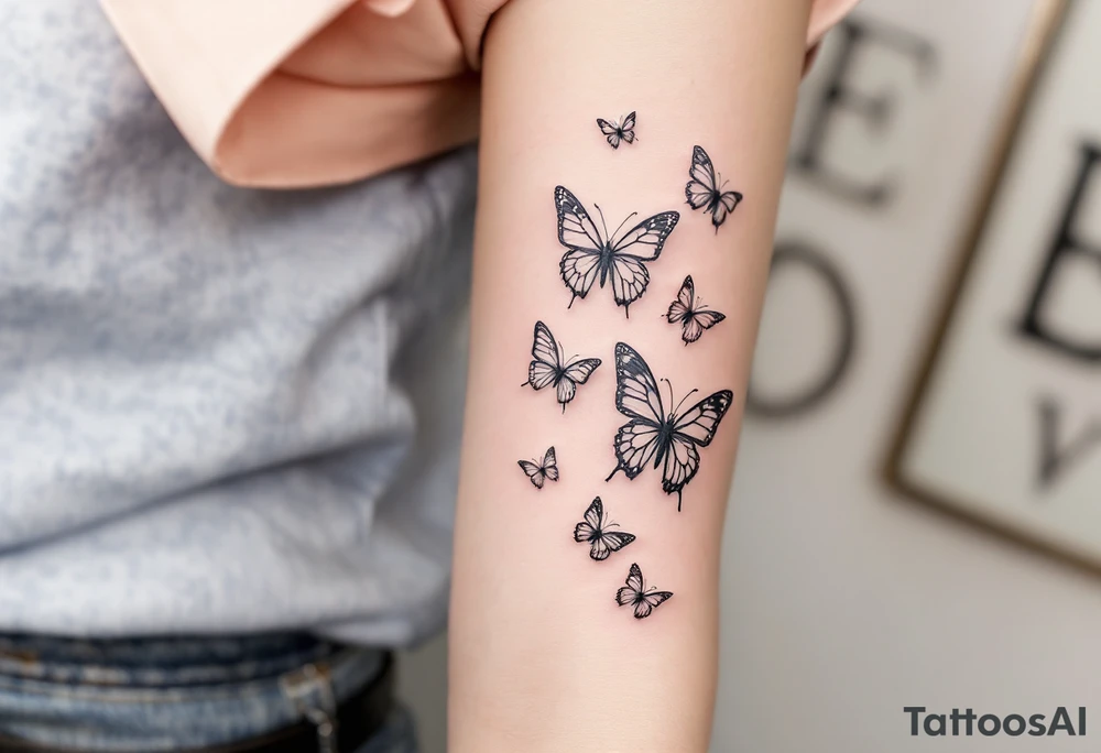 Tattoo of about 10 butterflies that look 3d with lines
 and different sizes spaced out between wrist and elbow tattoo idea