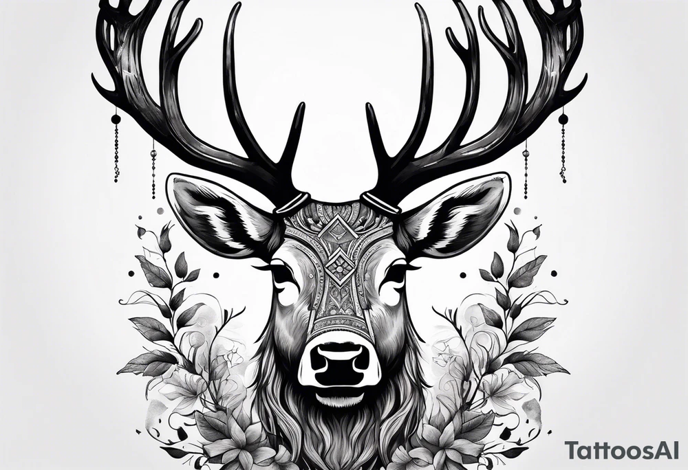 back tattoo of a front view reindeer with half the face as a skull tattoo idea