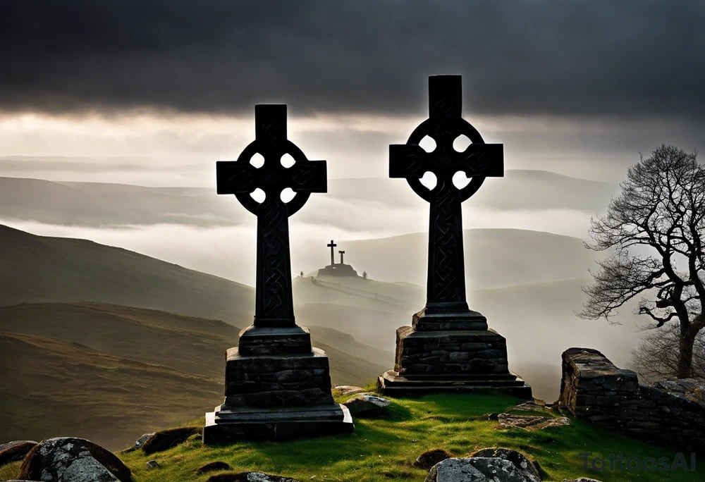 A stone Celtic cross solemnly standing atop a hill, a raven perches atop the cross staring out over the desolation. A ruined stone wall lies crumbling near the cross. Mist rolls along the hilltops adding to the melancholic nature of the scene. Clouds gather in the distance, obscuring the setting sun tattoo idea