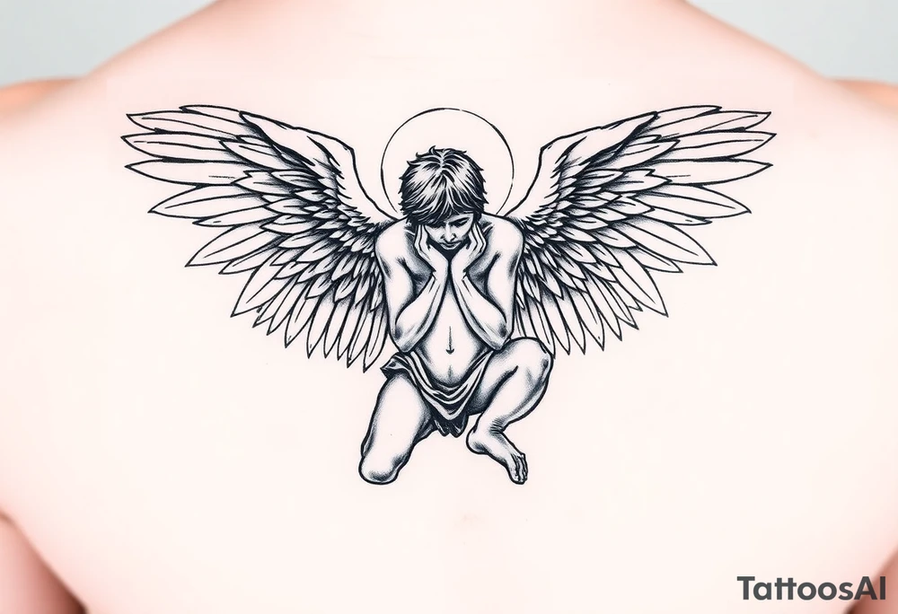 Fallen angel on his knees with wings pointed forward tattoo idea