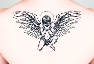 Fallen angel on his knees with wings pointed forward tattoo idea