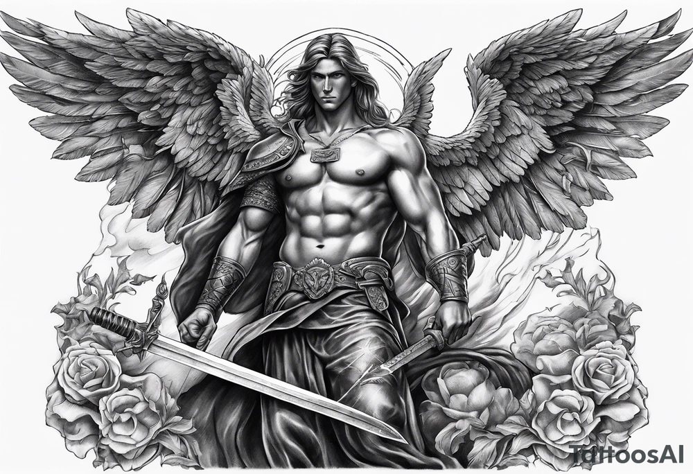 Male American guardian angel with a sword and possessed angel from hell combined together tattoo idea