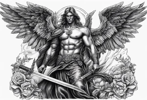 Male American guardian angel with a sword and possessed angel from hell combined together tattoo idea