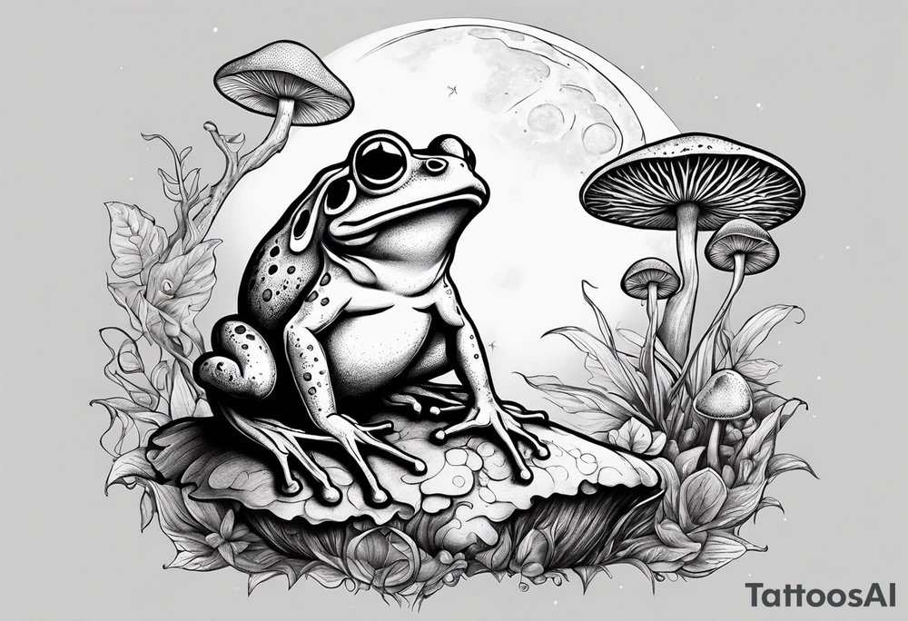 dancing humanoid frog under the moon mushroom in the Background mystical tattoo idea