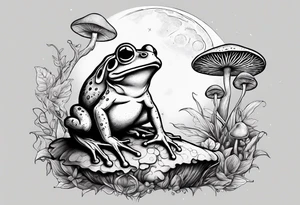 dancing humanoid frog under the moon mushroom in the Background mystical tattoo idea