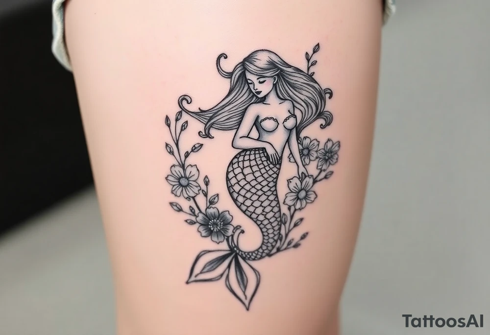 ethereal mermaid with flowing hair among coral and sea flowers tattoo idea