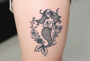 ethereal mermaid with flowing hair among coral and sea flowers tattoo idea