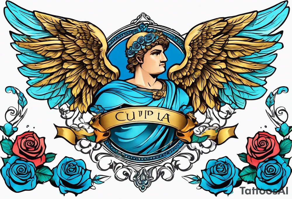 Cupio fly boy wings and a bow,, bacground sea ancient rome gods , blue roses frames tattoo idea