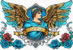 Cupio fly boy wings and a bow,, bacground sea ancient rome gods , blue roses frames tattoo idea