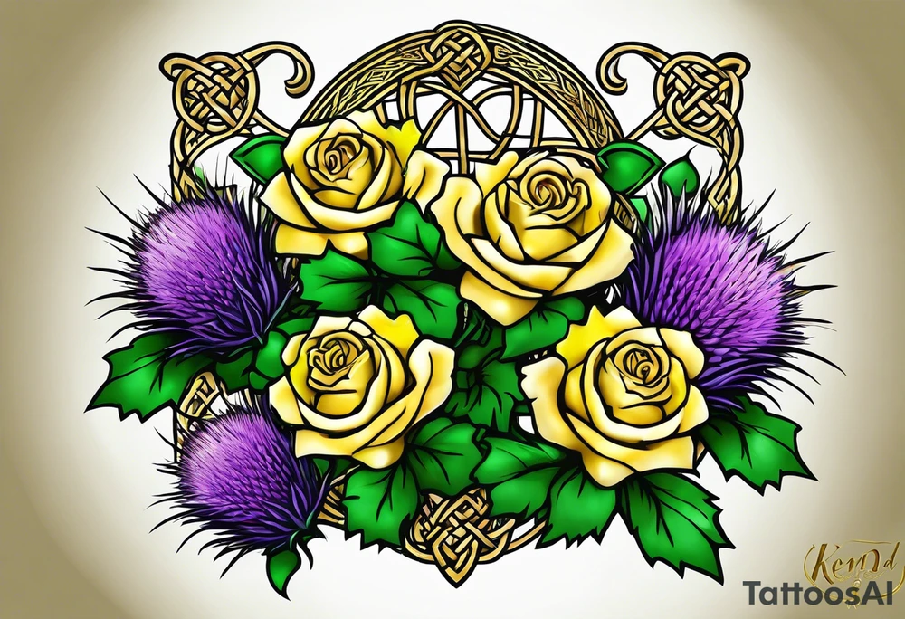 Purple thistle, yellow rose and shamrock with stems intertwined spelling KND in celtic lettering tattoo idea