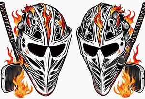 "SHOT HOCKEY" goalie mask with crossed hockey sticks and flames tattoo idea