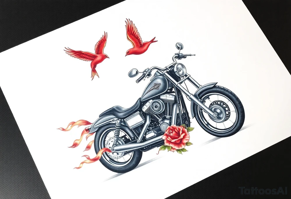 Harley grey motorcycle driving away, two red birds flying, roses and lace, flames tattoo idea